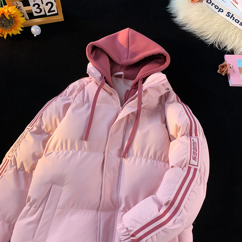 假两件情侣棉服男条纹羽绒棉衣两条杠冬季外套冬装连帽加厚棉袄潮