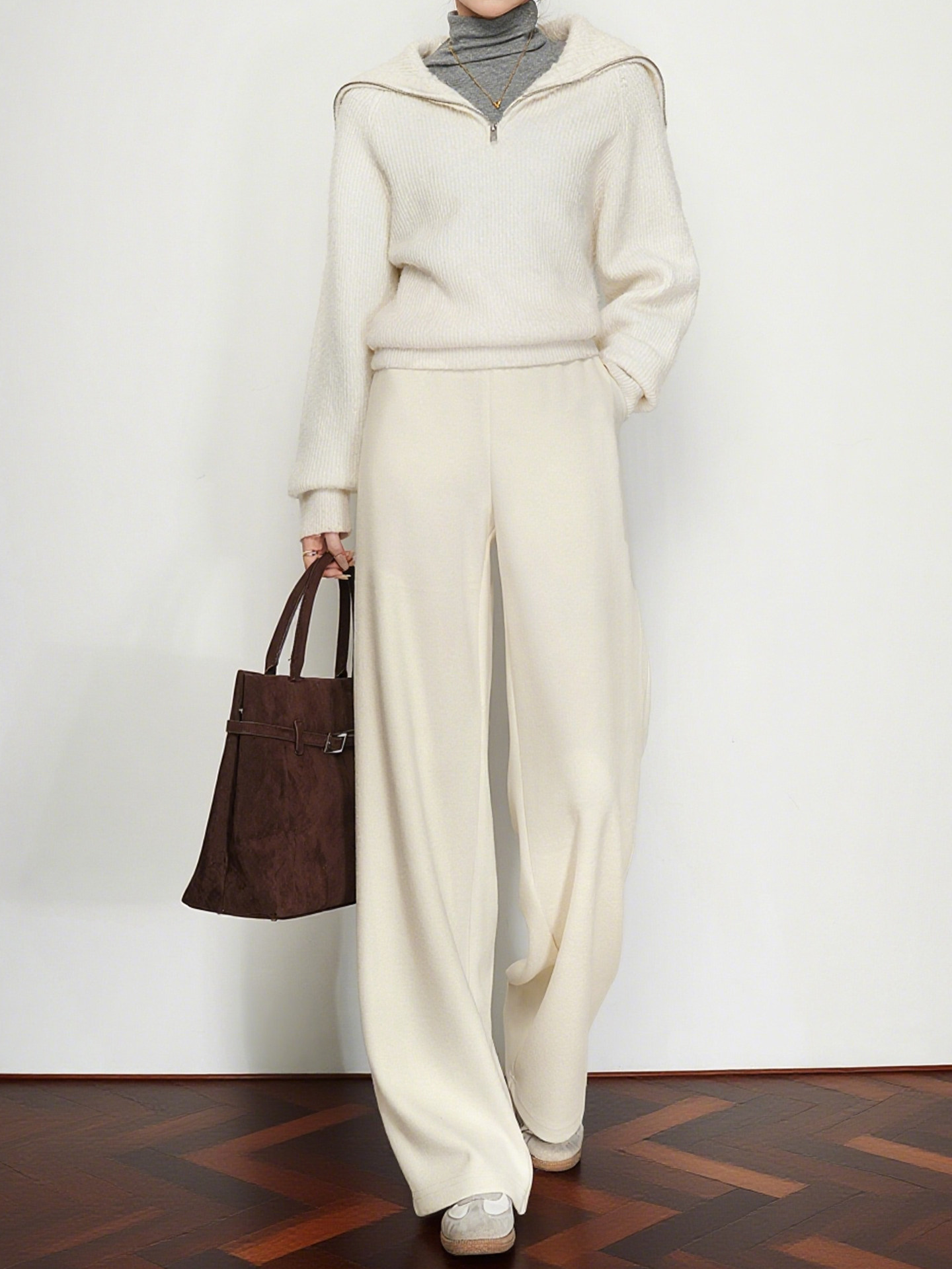 高级美利奴羊毛阔腿裤女秋冬米白色窄版直筒裤2025新款加厚休闲裤,女装/女士精品,休闲裤,淘宝优惠券,粉丝福利购,淘宝优惠卷