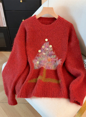 圆领毛衣女秋冬季2025新款设计感圣诞树亮片红色针织衫休闲上衣潮