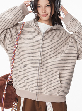 大码卫衣女秋冬季2026新款连帽美式条纹拉链开衫宽松时尚百搭上衣