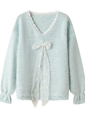 针织衫女秋冬季2026新款高级感甜美花边拼接蕾丝蝴蝶结慵懒风毛衣