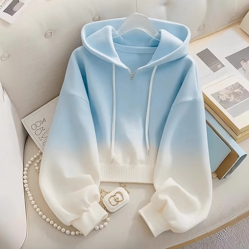 蓝色渐变连帽卫衣女春秋季2025新款宽松设计感小个子慵懒风外套潮