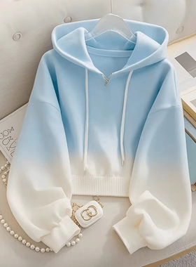 蓝色渐变连帽卫衣女春秋季2025新款宽松设计感小个子慵懒风外套潮