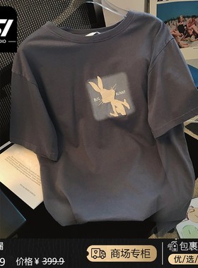 实体专柜~2025夏季新款纯棉宽松灰色短袖T恤女印花设计感体恤上衣