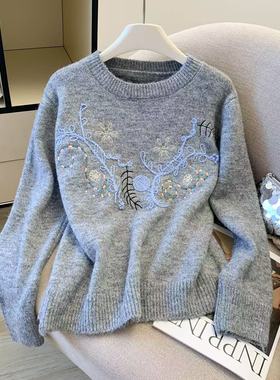 灰色毛衣女秋冬季2025新款复古高级感重工花朵刺绣加厚宽松针织衫