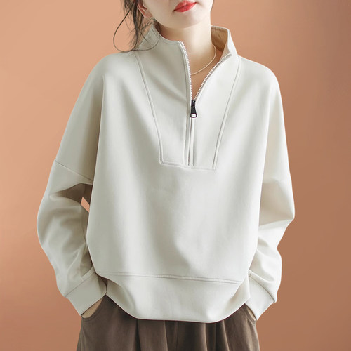 半拉链立领长袖卫衣女春秋季2025新款宽松休闲短款纯色套头上衣