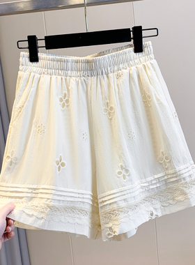 蕾丝拼接刺绣镂空休闲短裤女2025夏季新款高腰宽松显瘦阔腿热裤潮