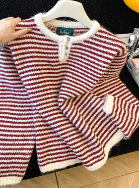 圆领毛衣女秋冬季2025新款复古红色条纹时尚设计感百搭宽松上衣潮