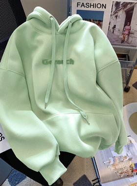 绿色连帽卫衣女春秋季2025新款宽松休闲加绒慵懒风套头帽衫外套