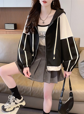 拉链外套女秋冬季205新款撞色韩版休闲宽松百搭抽绳慵懒薄款上衣