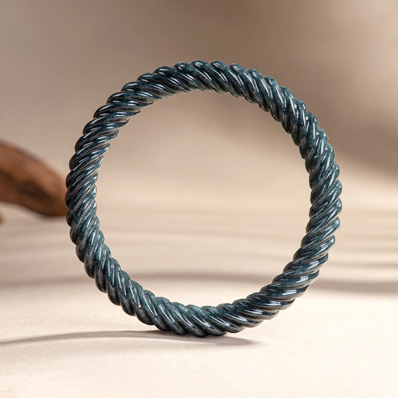 天然正品保真A货翡翠乌鸡圆条立体麻花手镯平安镯冰种玉石女镯子