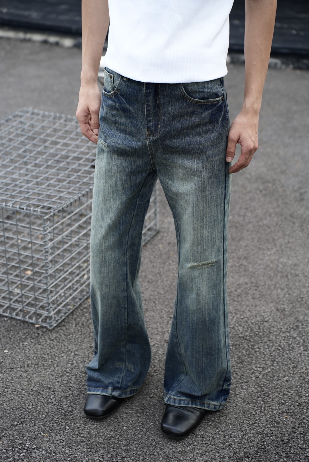 SaiTuiCL复古做旧直筒阔腿牛仔裤男宽松微喇休闲个性百搭长裤