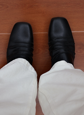 CL/方头褶皱皮包头拖鞋男真皮穆勒鞋黑色软底百搭懒人日常一脚蹬