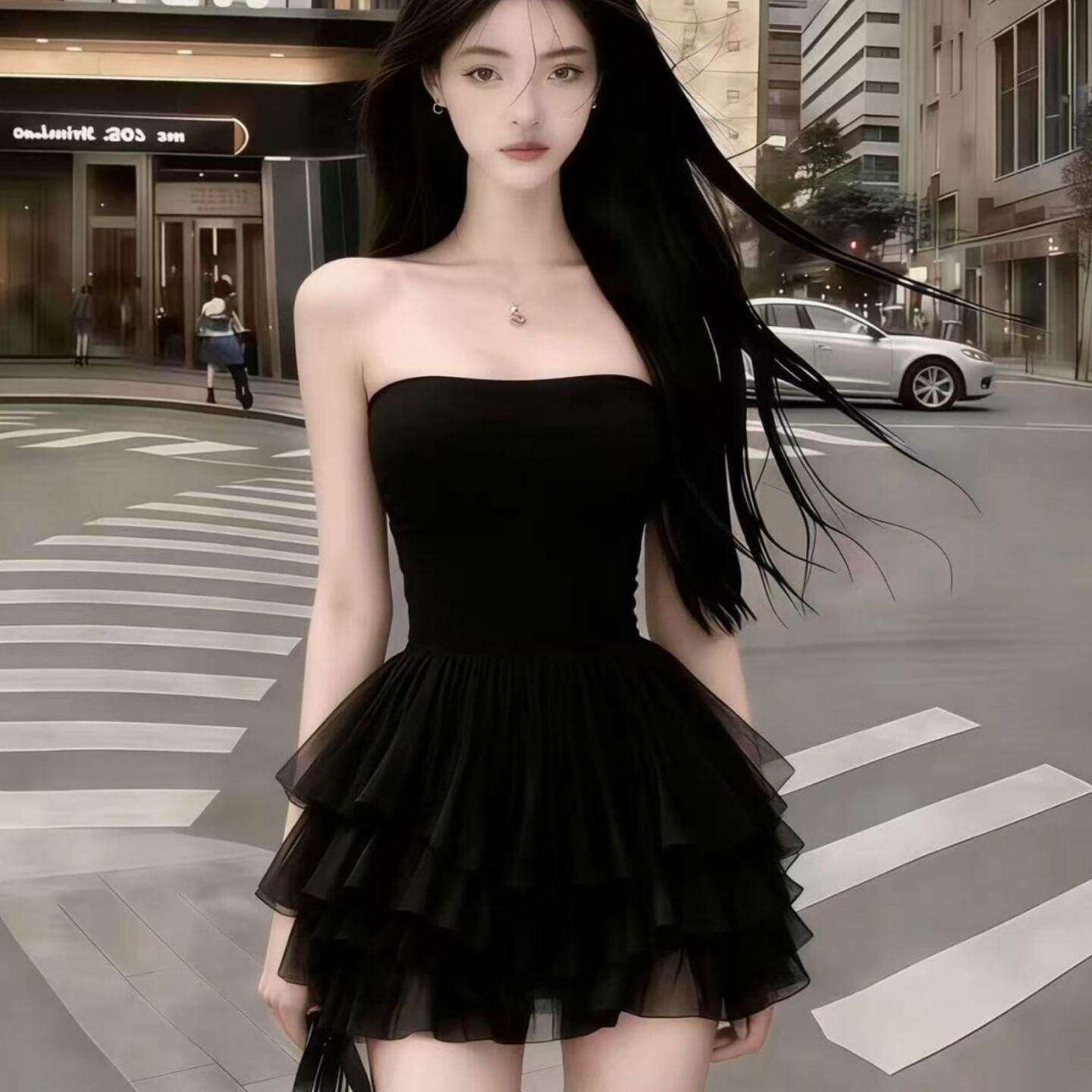 法式黄色一字肩网纱抹胸