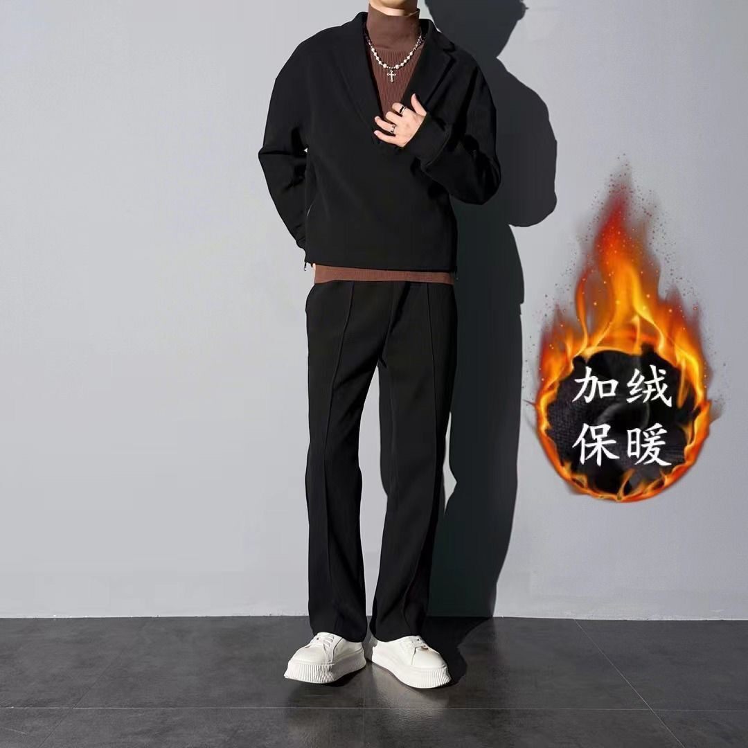 가을 겨울 V 넥 풀오버 플러스 벨벳 두꺼운 캐주얼 정장 남성 정장 칼라 패션 느슨한 솔리드 컬러 스포츠 투피스 슈트