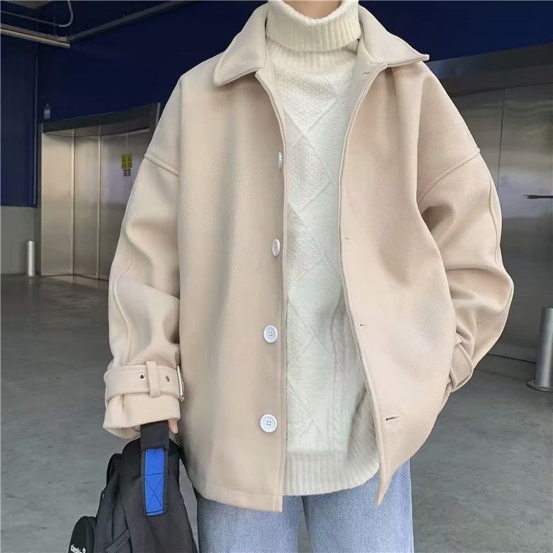 杏色毛呢外套男士风衣中短款秋冬季高级感帅气百搭潮ins工装夹克