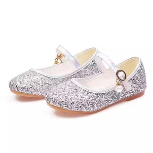 女孩银色礼服走秀钢琴演出大童公主鞋 儿童水晶单鞋 高跟鞋 女童皮鞋