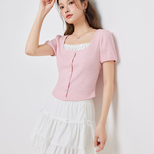 u领设计感显瘦甜美假两件女短上衣 泡泡袖 爱家2025春季 新款