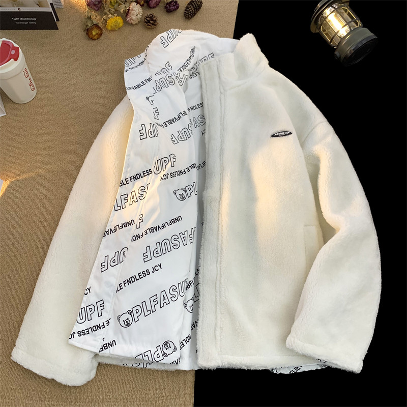 1005-2-LMF103-P125冬季外套男宽松加厚两面穿棉衣休闲羊羔毛棉服图片
