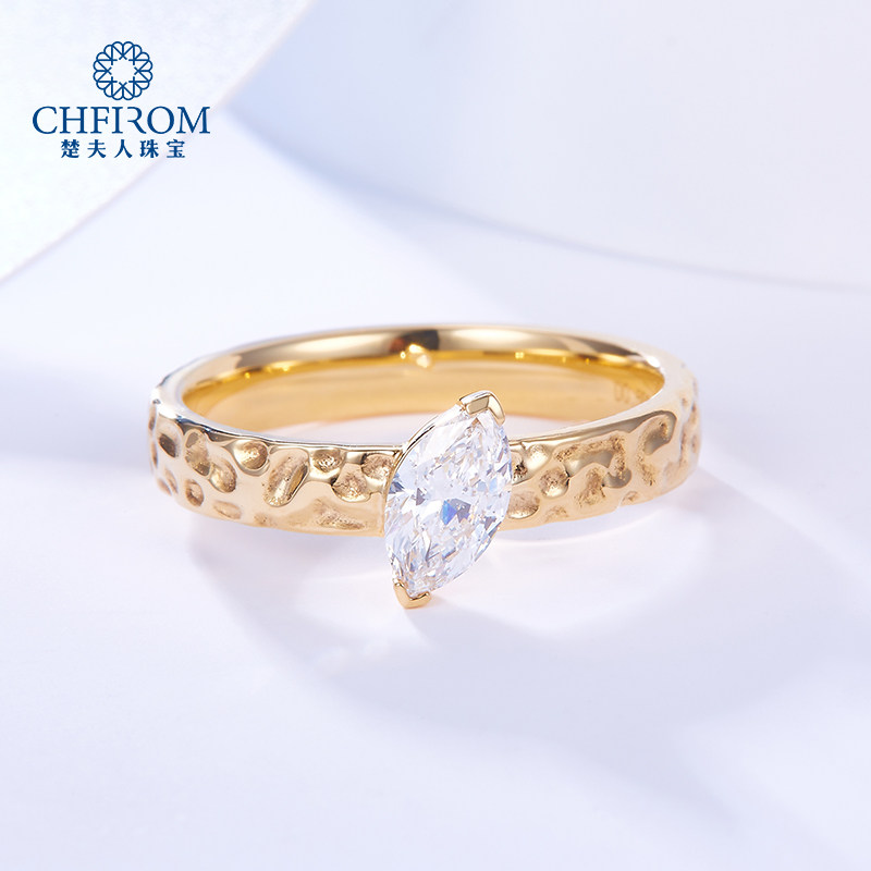 复古小众18k黄金锤纹工艺戒指女30分50分马眼钻天然钻戒定制珠宝