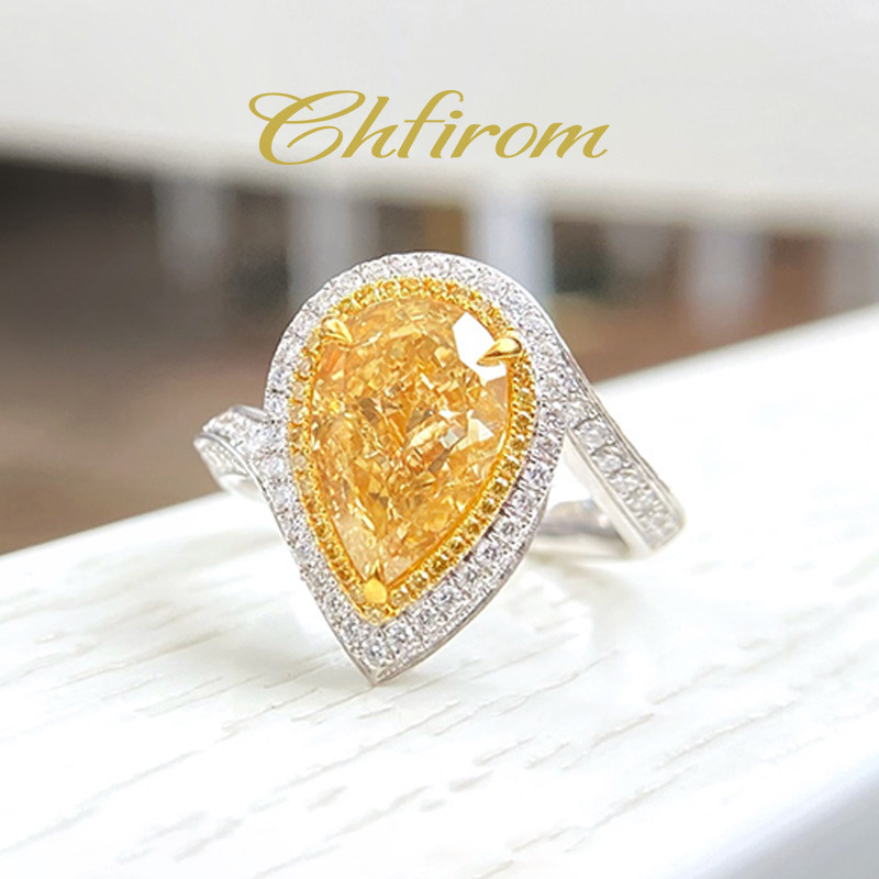 楚夫人18k金3克拉梨形水滴黄钻戒指镶嵌天然彩色宝石钻戒女定制