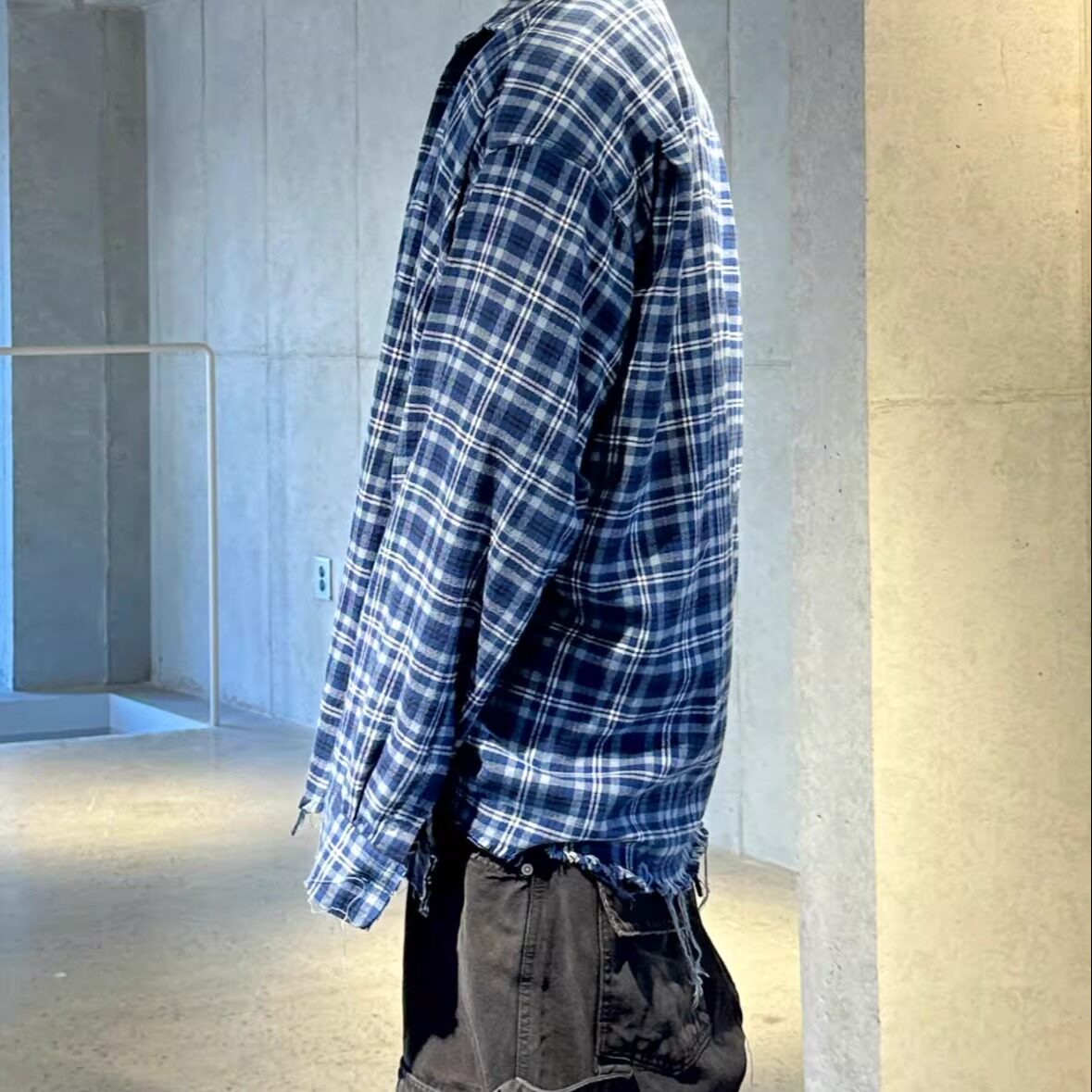 Our khaki 水洗复古流苏破坏廓形格纹衬衫慵懒翻领长袖外套Nonnod