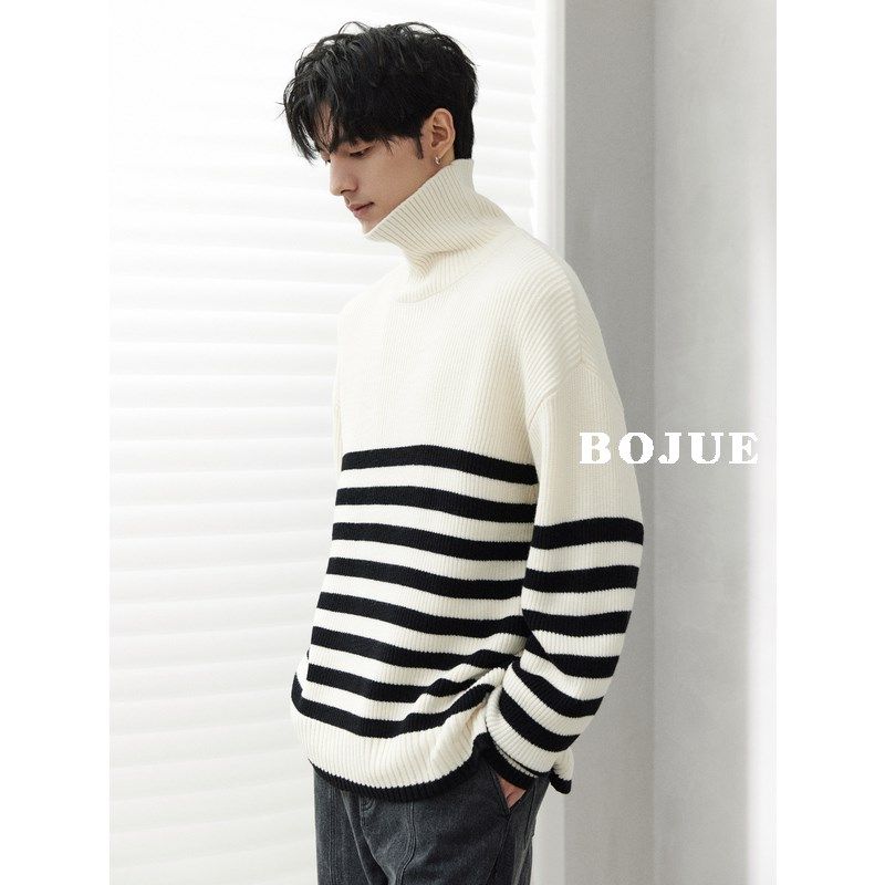 高领条纹拼接高级感毛衣男伯爵卓尔23初冬季韩版宽松加厚款针织衫