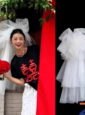 白色蝴蝶结头纱新娘主婚纱高级感结婚头饰蓬蓬纱求婚领证拍照道具
