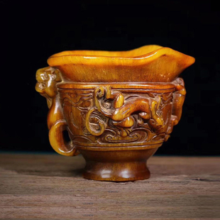 【保真】古玩古董收藏杯角文玩雕尊披毛犀小摆件老物件装饰品