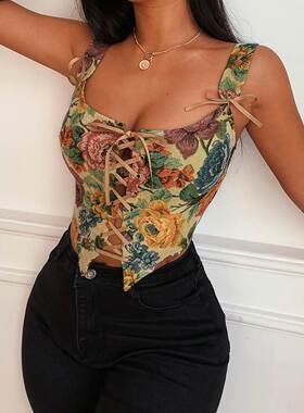 Floral Print Lace Up Women Corset Crop Top Camis Straps Holl
