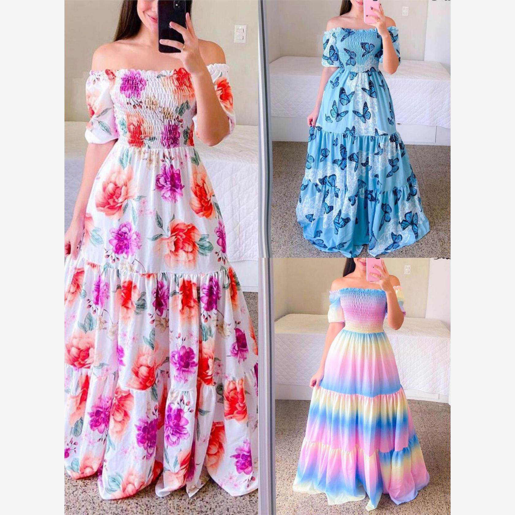 2022 New One-word Neck Printed Swing Tube Top Dress 连衣裙 - 实物图