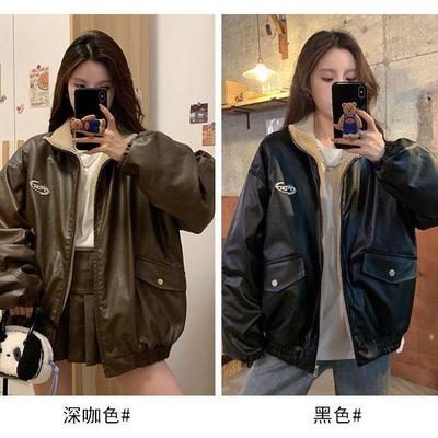 美拉德风pu皮衣两面穿羊羔毛外套女冬季2024新款加绒加厚机车棉服