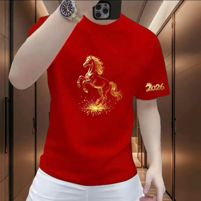 悦购潮流服装马年男女款骏马印花纯棉短袖T恤男士百搭高级T恤上衣