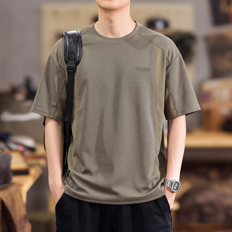 烽焱严选轻奢品质美式插肩袖拼色短袖男宽松休闲圆领上衣夏季