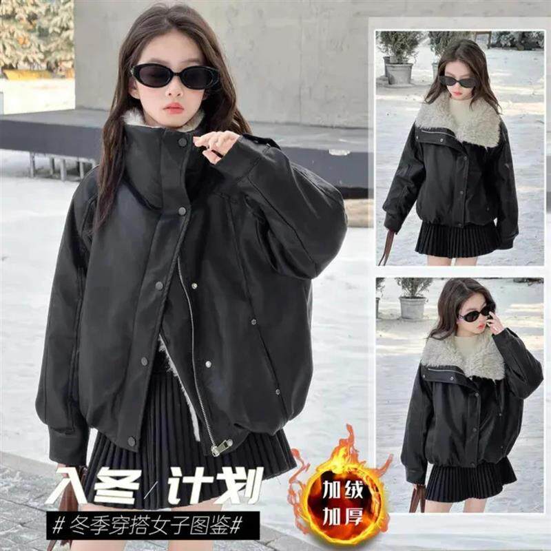 童乐纺女童皮衣外套冬季新儿童韩版加绒加厚洋派百搭时尚夹克外套