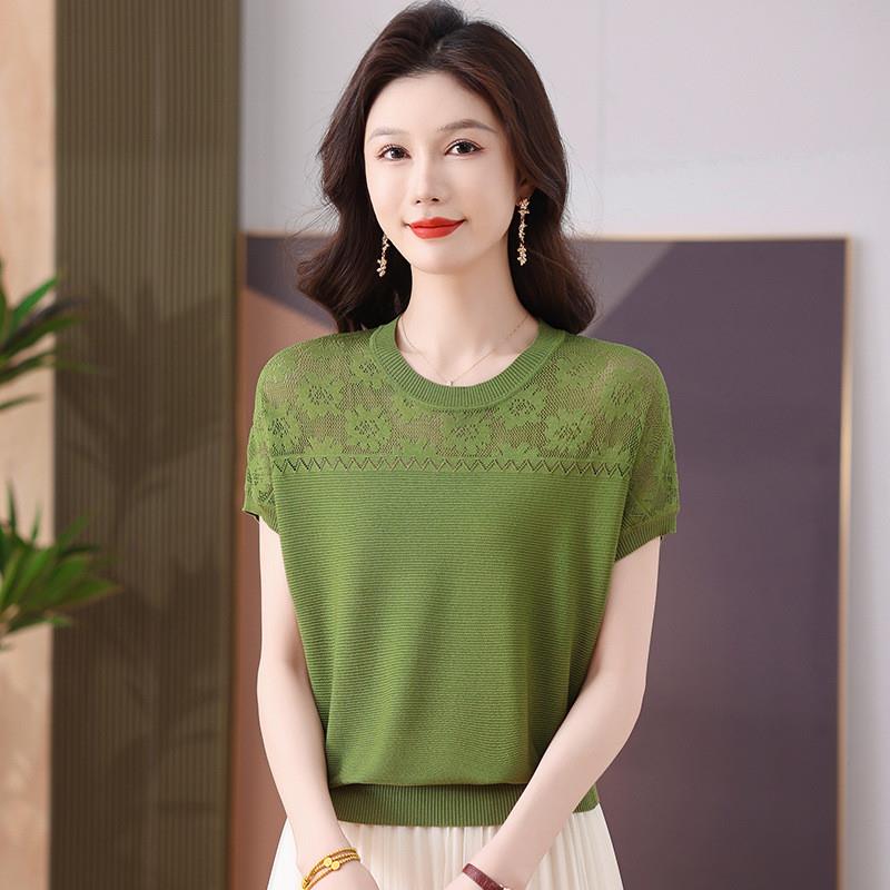 2026新款洋气年轻妈妈装夏镂空薄款短袖t恤女休闲冰丝针织衫上衣