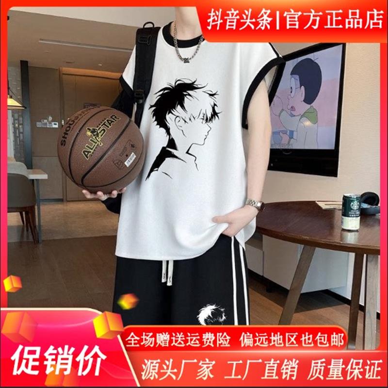 夏季无袖T恤男孩高中初中生冰丝背心短裤青少年大童夏装运动套装