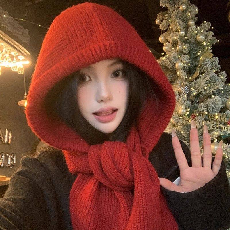 帽子女士冬加厚红色巴拉克拉法帽大头围显脸小秋冬季保暖针织围巾