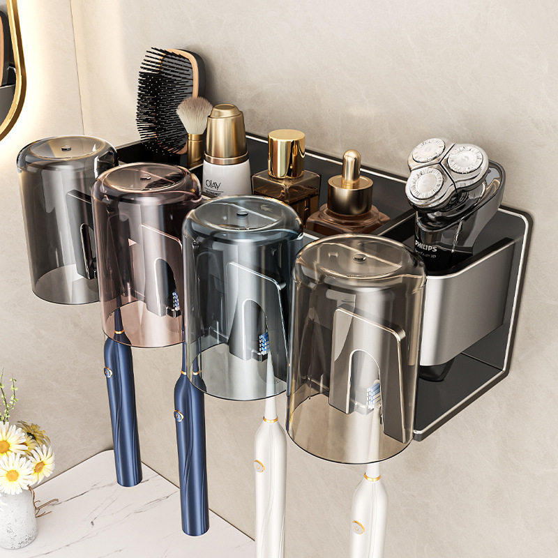 牙刷置物架刷牙漱口杯牙杯浴室卫生间免打孔家庭牙膏牙刷一体挂架