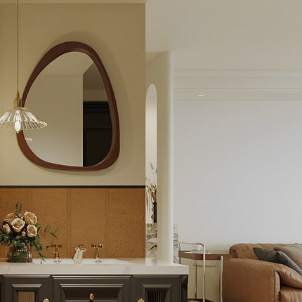 异形led智能浴室镜中古风挂墙式装饰镜复古不规则胡桃木色化妆镜