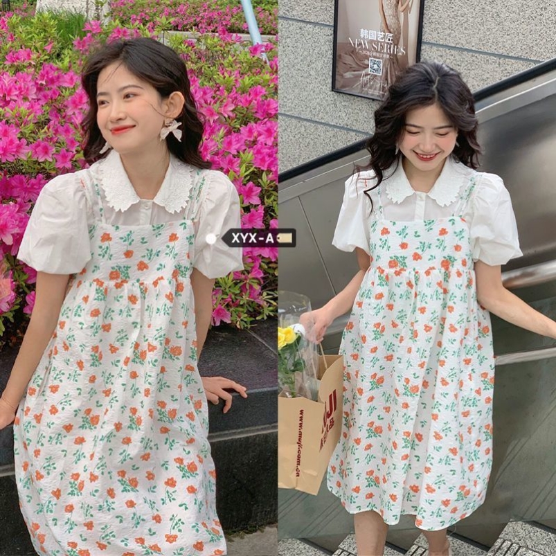 【两件套】泡泡短袖小众白衬衫+碎花双肩带吊带裙夏季套装女学生