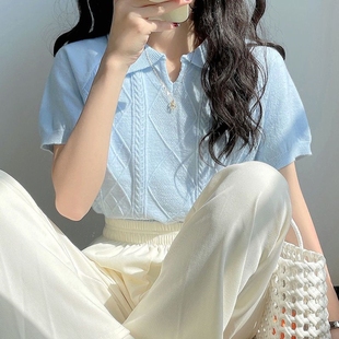 针织衫 新款 软奶蓝色短袖 女2024年夏季 polo上衣 冰丝薄款 甜美短款