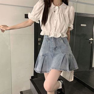 上衣女 夏季 衬衫 韩版 高腰显瘦别致百褶半身裙潮 学院风甜美泡泡袖