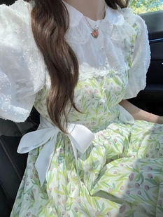 宽松百搭娃娃领a字裙 小清新甜美蝴蝶结绑带碎花连衣裙女学生夏季