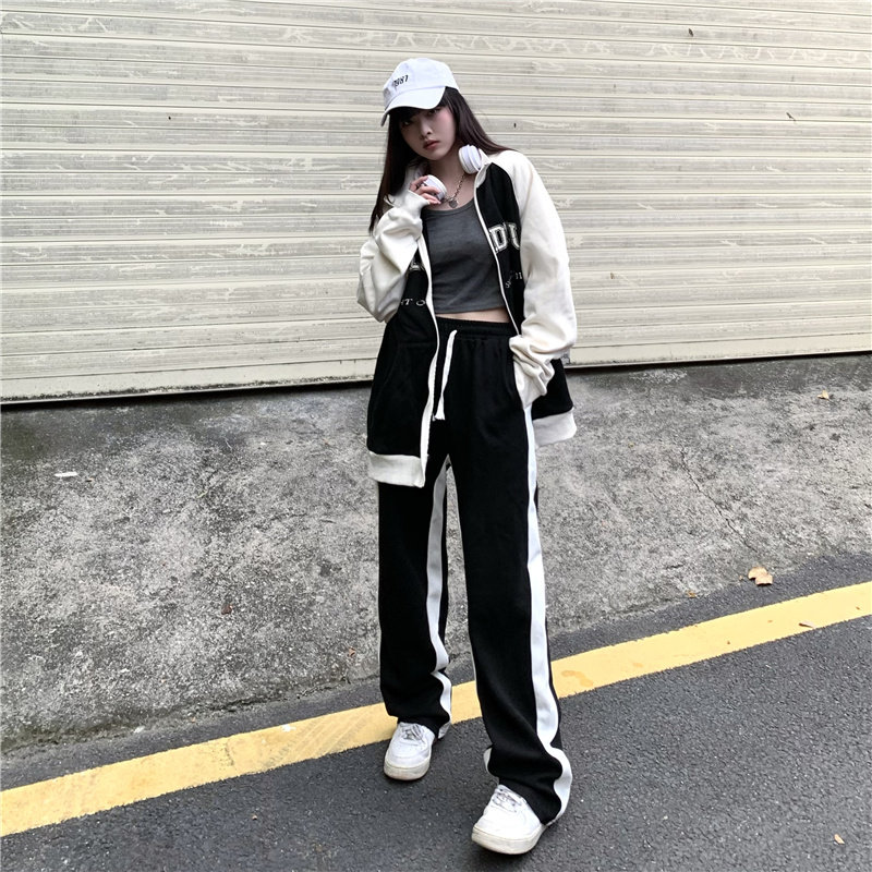 拼接阔腿裤春秋2023高街宽松直筒运动裤显瘦休闲卫裤K2056P35女类图片