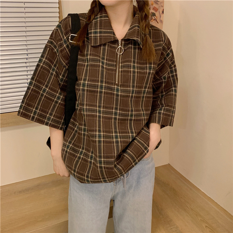 2021 Summer Short Sleeve Shirt Half Sleeve Plaid quarter sleeve casual shirt