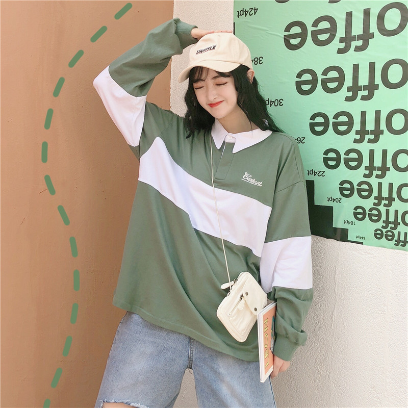 Hong Kong Style autumn thin sweater loose polo collar lazy student long sleeve top