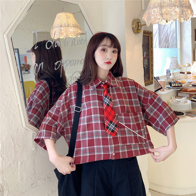 情侣装格子衬衫女港味韩版宽松学院风短袖衬衣B262-D836-P35