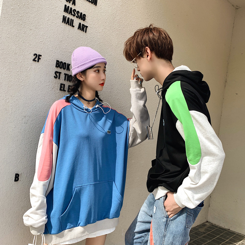 Autumn hooded thin sweater loose fashion design color contrast stitching couple's wear