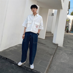 Student couple's summer Quarter Sleeve Top Men's and women's short sleeve shirt embroidered half sleeve shirt